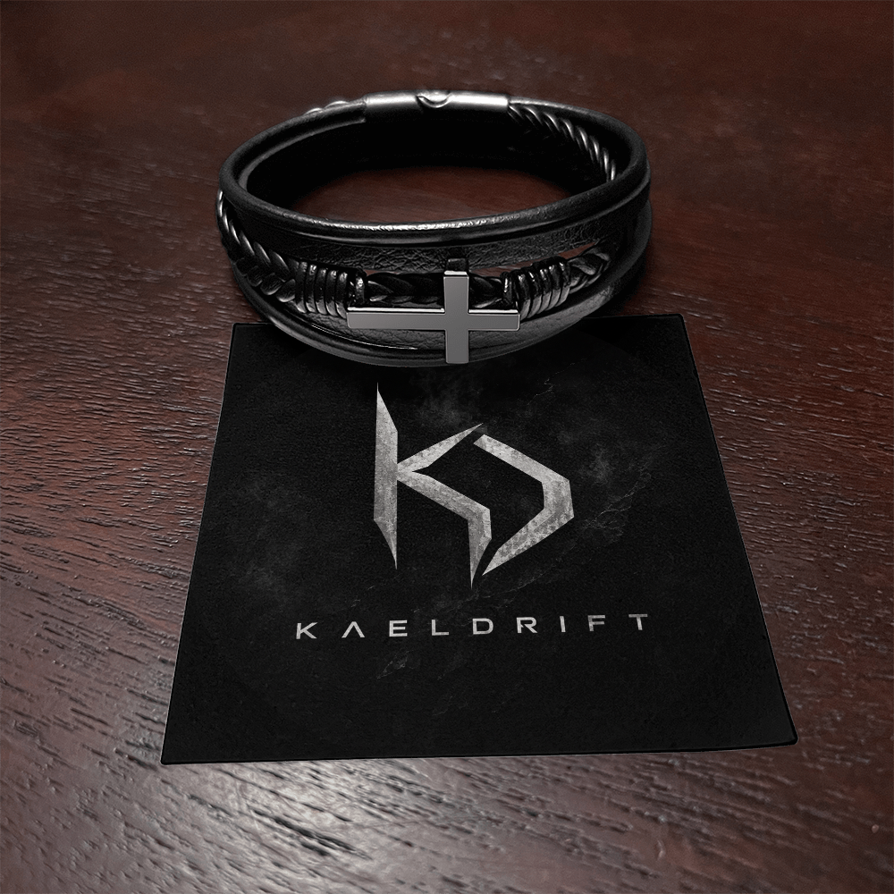 Stainless Steel and Braided Vegan Leather Cross Bracelet