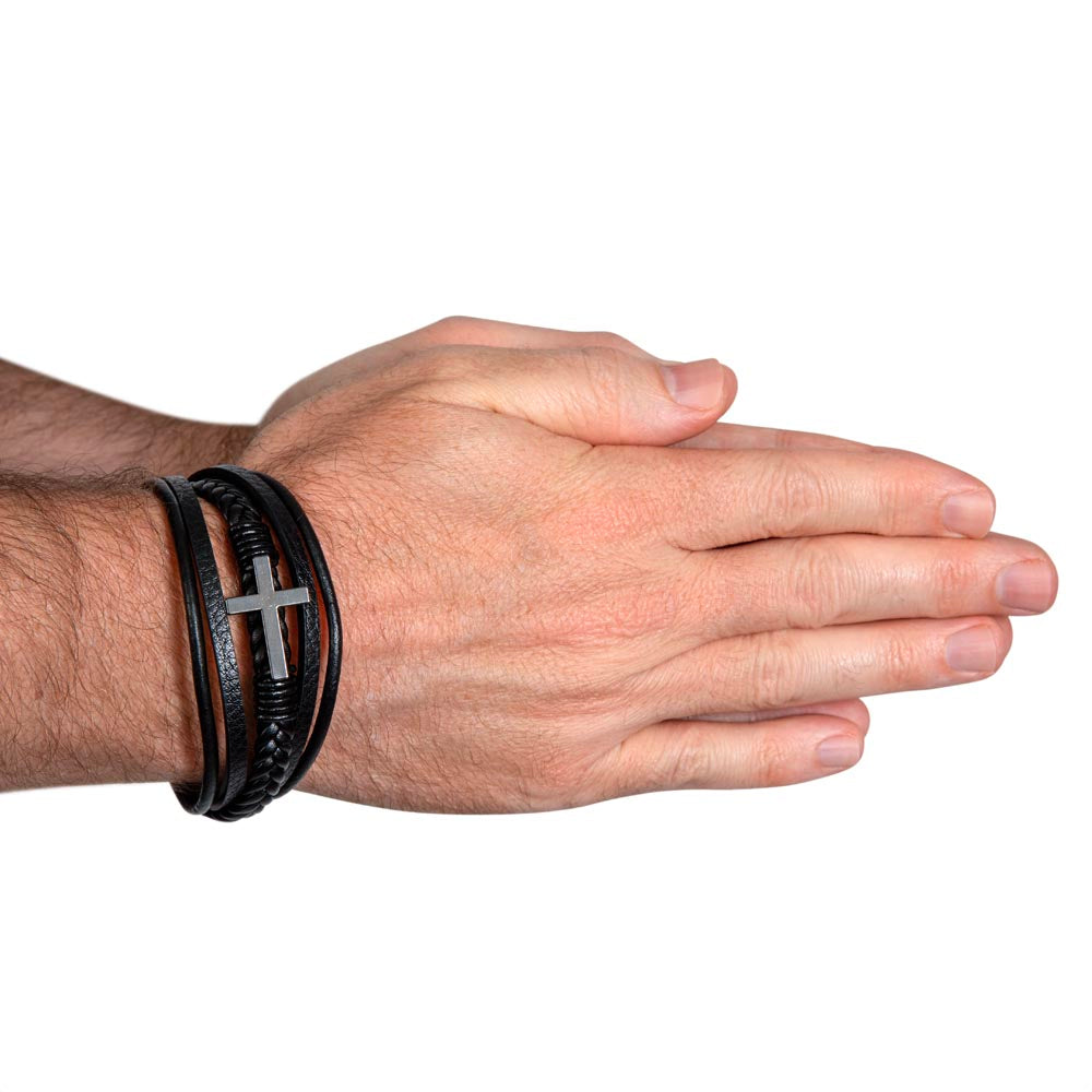 Stainless Steel and Braided Vegan Leather Cross Bracelet