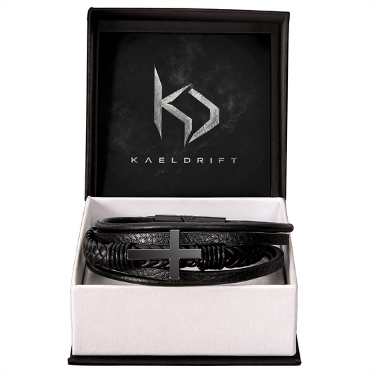Stainless Steel and Braided Vegan Leather Cross Bracelet