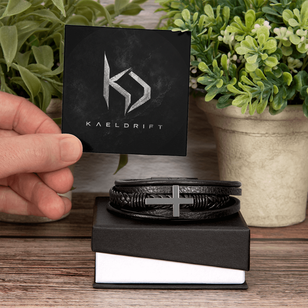 Stainless Steel and Braided Vegan Leather Cross Bracelet