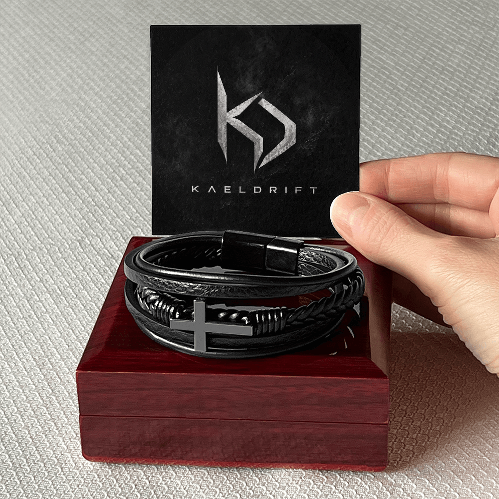 Stainless Steel and Braided Vegan Leather Cross Bracelet