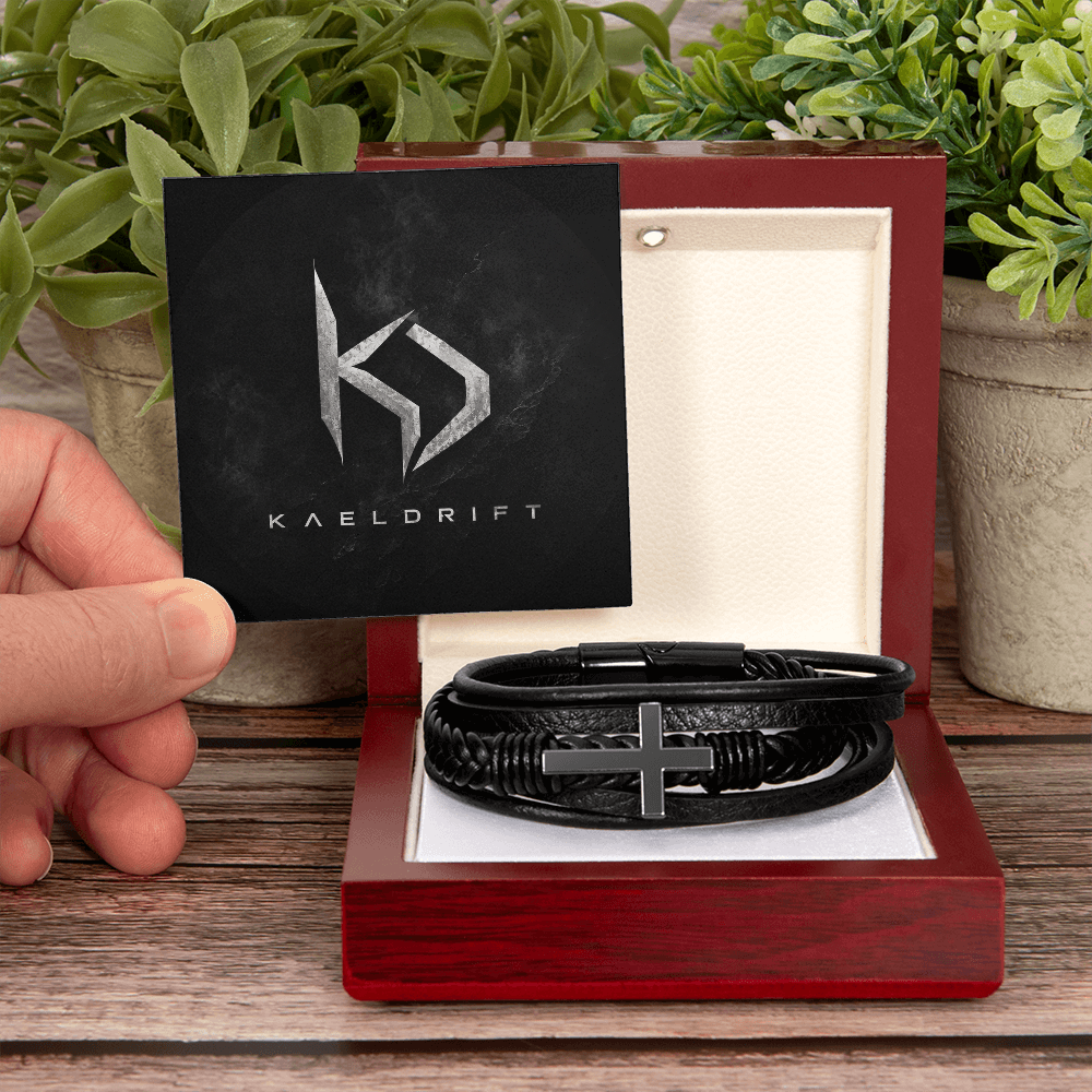 Stainless Steel and Braided Vegan Leather Cross Bracelet